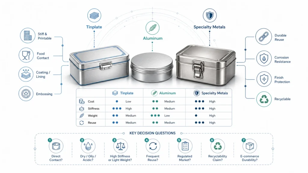 Material choice: tinplate, aluminum, and specialty options