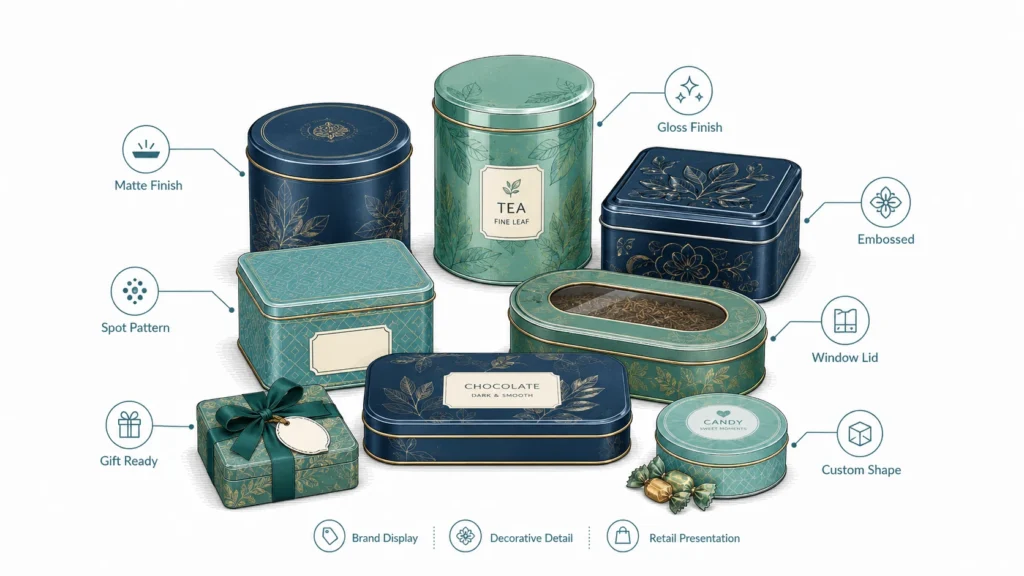 Custom Tin Box for Tea, Coffee, Chocolate, Cookies, and Candy Packaging