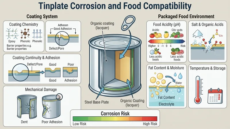 Tinplate Corrosion and Food Compatibility
铁板腐蚀与食物相容性
Tinplate corrosion is closely related to the internal coating system and the packaged food environment.
铁板腐蚀与内部涂层系统以及食品包装的环境条件密切相关。
Corrosion behavior can be affected by coating chemistry, coating continuity, adhesion, food acidity, salt concentration, organic acids, fat content, moisture, temperature, storage duration, and mechanical damage.根据这段文案来生成一张图片，图片不要有中文