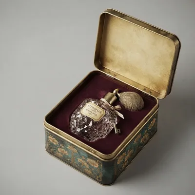 high-end perfume vintage tin box