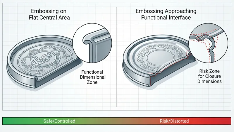 Embossing and Tin Packaging Dimensional Tolerances
压花和金属罐包装的尺寸公差
Embossing changes the local geometry of the tinplate.
压花工艺改变了铁板表面的局部几何结构。
When embossing is located on the flat central area of a lid, its effect on the closure may be limited. When it approaches the curl or other functional interface, the resulting deformation can become relevant to the lid fit.
当凸纹位于盖子的平坦中央区域时,其对盖子的效果可能会受到限制。而当凸纹靠近卷曲处或其他功能性接口时,所产生的变形就会对盖子的贴合程度产生重要影响。
The position, depth, and geometry of the embossing should therefore be considered during DFM.
因此,在进行 DFM 操作时,需要考虑凸纹的位置、深度以及其几何形态。
The objective is not to prohibit embossing near every edge. Instead, the engineering drawing should distinguish between decorative areas and functional dimensional zones.
我们的目标是并不禁止在几乎每个边缘上进行浮雕处理。相反,工程图纸应该明确区分装饰性区域与功能性尺寸区域。
Closure dimensions should remain controlled in the areas that determine lid engagement and sealing.根据我的文案来生成一张图片,图片中不要有中文,要以视觉为第一要素,也不要有标题